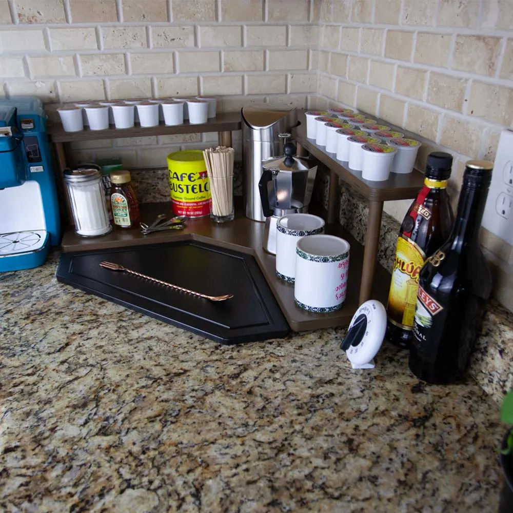 Counter Caddies™ - Walnut-Stained Corner Shelf - Barista Style w/ K-CUP Holes & Trash Can Inset - Available in Black