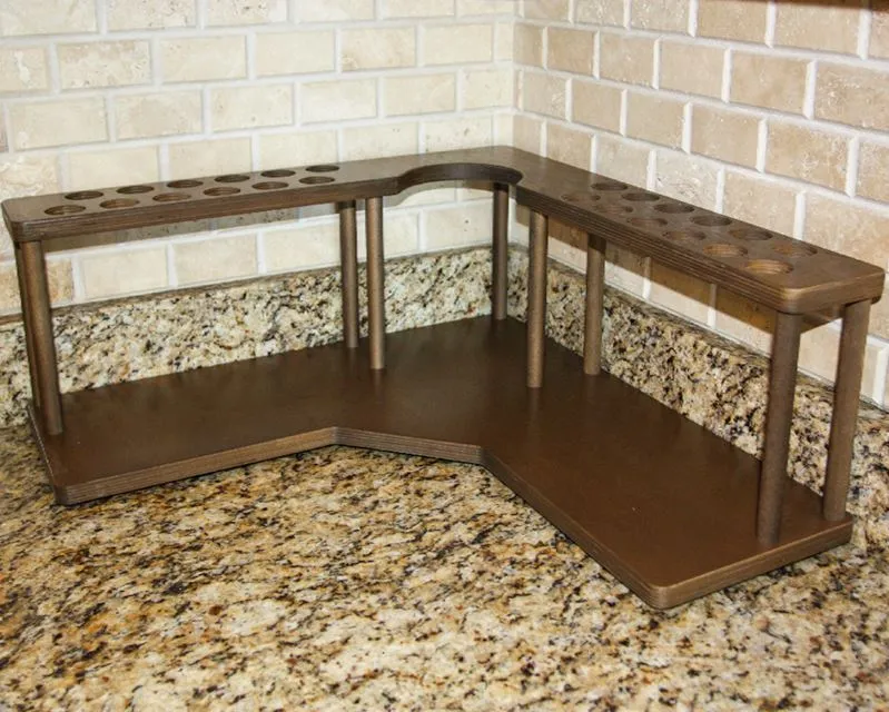 Counter Caddies™ - Walnut-Stained Corner Shelf - Barista Style w/ K-CUP Holes & Trash Can Inset - Available in Black