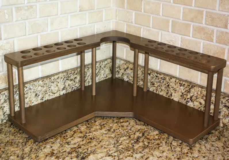 Counter Caddies™ - Walnut-Stained Corner Shelf - Barista Style w/ K-CUP Holes & Trash Can Inset - Available in Black