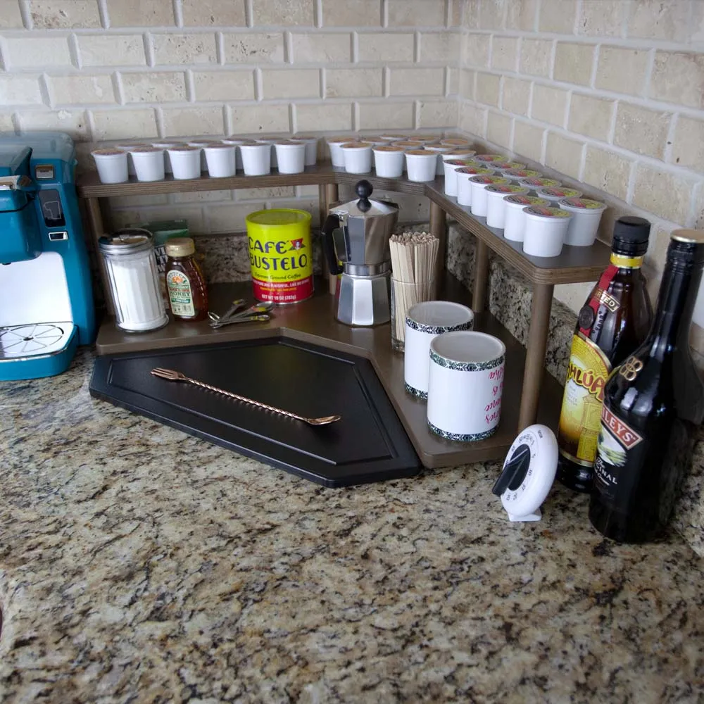 Counter Caddies™ - Walnut-Stained Corner Shelf - Barista Style w/ K-CUP Holes