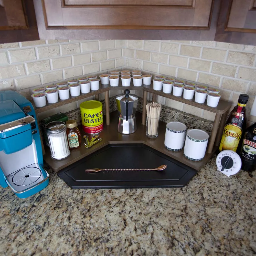 Counter Caddies™ - Walnut-Stained Corner Shelf - Barista Style w/ K-CUP Holes