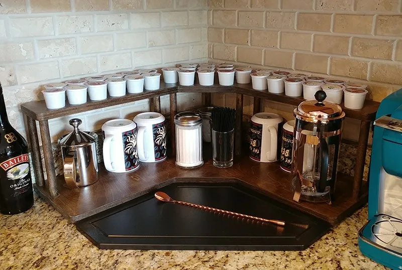 Counter Caddies™ - Walnut-Stained Corner Shelf - Barista Style w/ K-CUP Holes