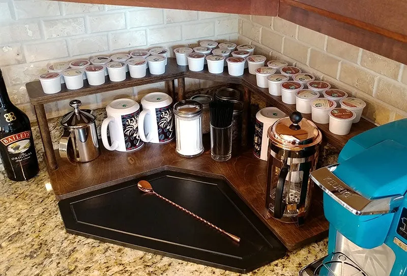 Counter Caddies™ - Walnut-Stained Corner Shelf - Barista Style w/ K-CUP Holes