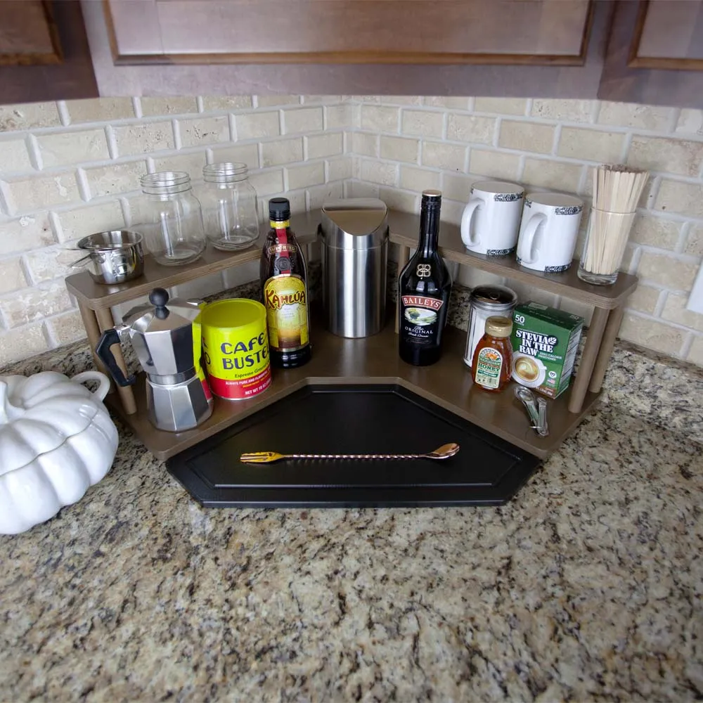 Counter Caddies™ - Walnut-Stained Corner Shelf - Barista Style w/ Trash Can Inset - Available in Black