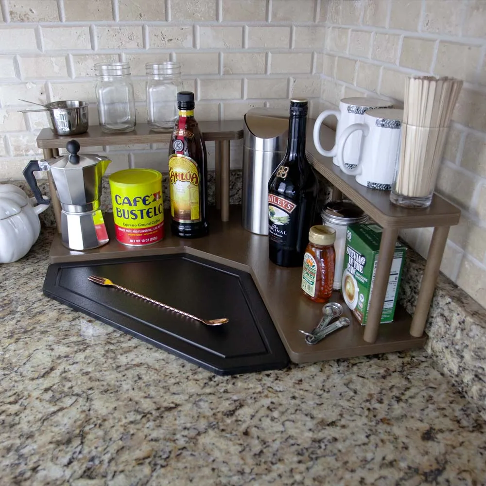 Counter Caddies™ - Walnut-Stained Corner Shelf - Barista Style w/ Trash Can Inset - Available in Black