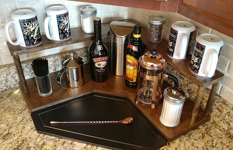 Counter Caddies™ - Walnut-Stained Corner Shelf - Barista Style w/ Trash Can Inset - Available in Black