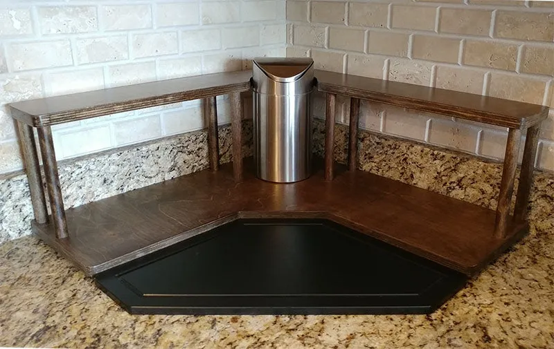 Counter Caddies™ - Walnut-Stained Corner Shelf - Barista Style w/ Trash Can Inset - Available in Black