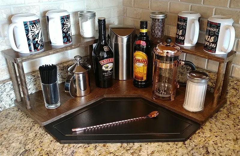 Counter Caddies™ - Walnut-Stained Corner Shelf - Barista Style w/ Trash Can Inset - Available in Black