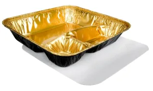 Durable Packaging Large 3-Compartment Black & Gold Oblong TV Dinner Aluminum Foil Pan w/Board Lid 250/CS