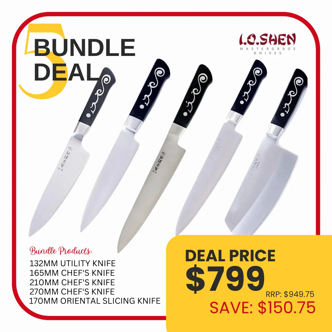 I.O. Shen Bundle Deal 5 -  5 Knives (5 inch Utility, 6 inch Chefs, 8 inch Chefs, 10 inch Chefs and 6 Inch Oriental Slicer)