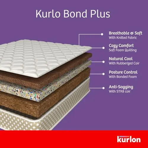 Kurl-On Mattress | Kurlo Bond Plus | Orthopedic 6-Inch Queen Size Bed Mattress (72x60x6 Inches, Medium Soft), Natural Coir   Bonded Foam, Soft Foam for Comfort.