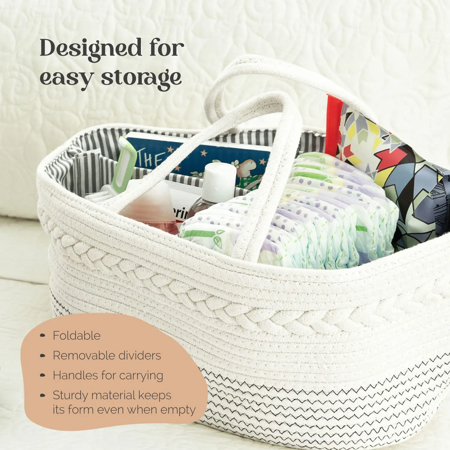 Luxury Little Diaper Caddy Organizer Cotton Rope Portable White