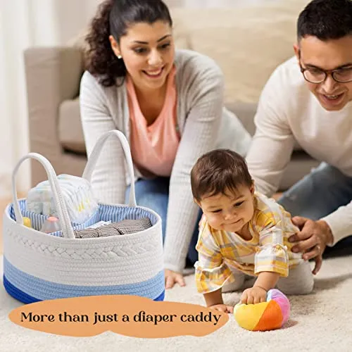 luxury little Diaper Caddy Organizer, Large Cotton Rope Nursery Basket, Changing Table Organizer for Baby Diaper Storage, Portable Car Organizer with Removable Divider, Baby Shower Gifts - Blue