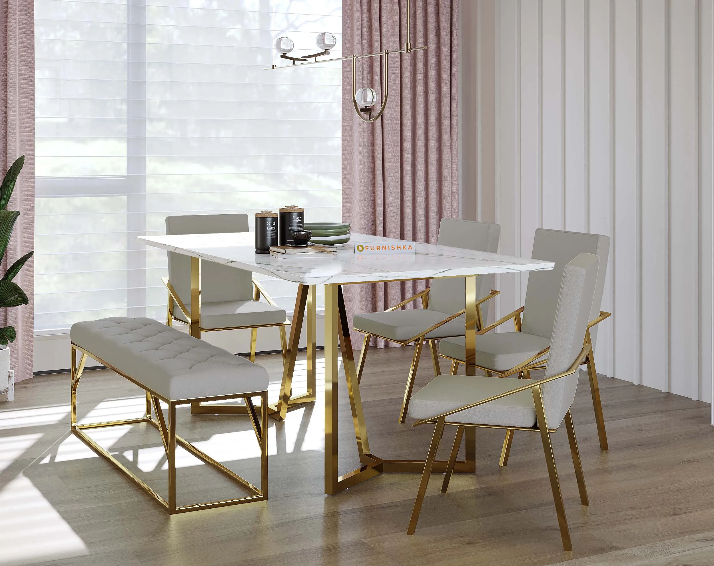 Olzaa Dining Table with White Engineered Marble Top - 6 Seater