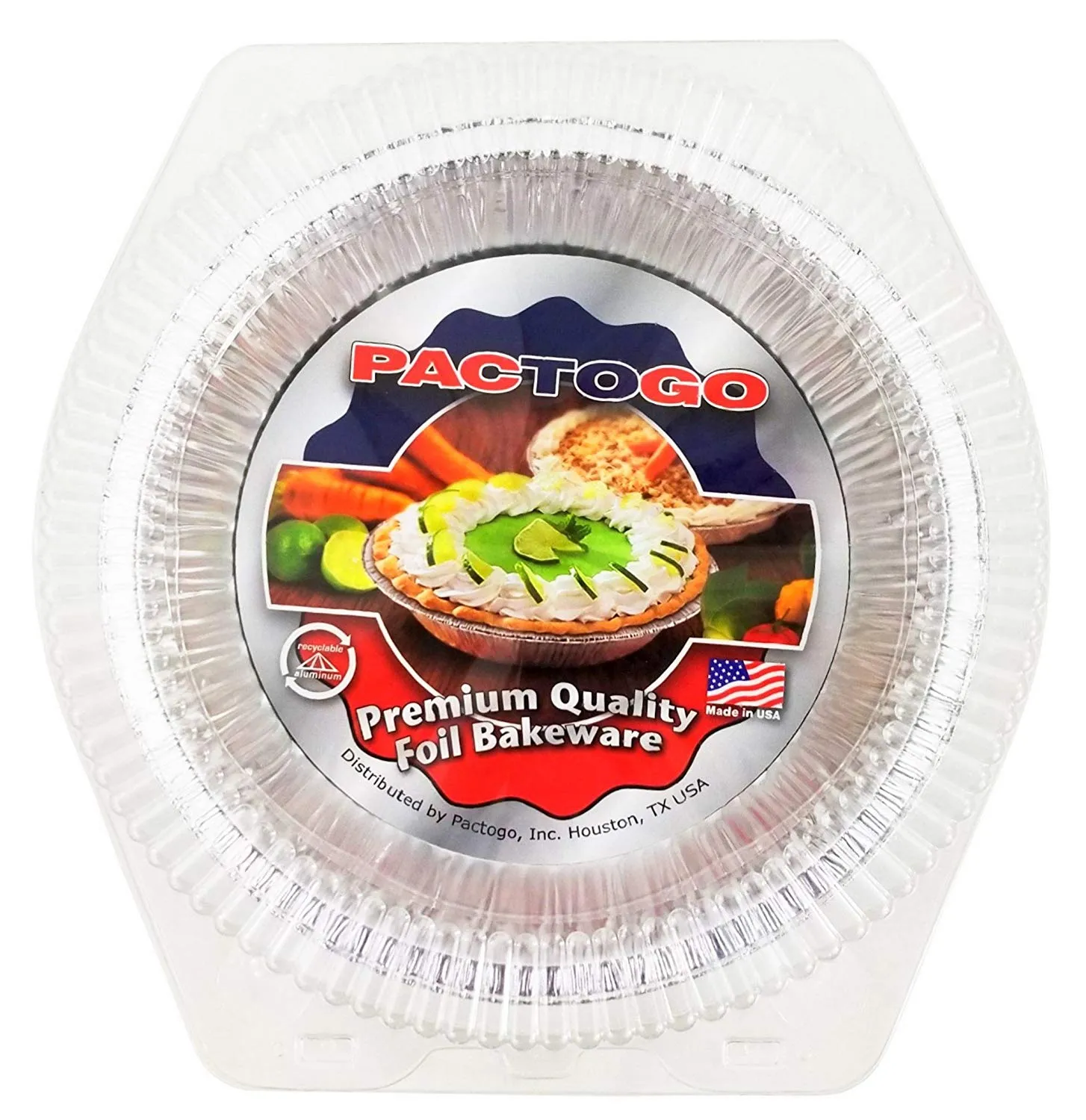 Pactogo 10" Foil Pie Pan 1-3/16" Deep w/Clear Low Dome Clamshell Container Combo 50/PK