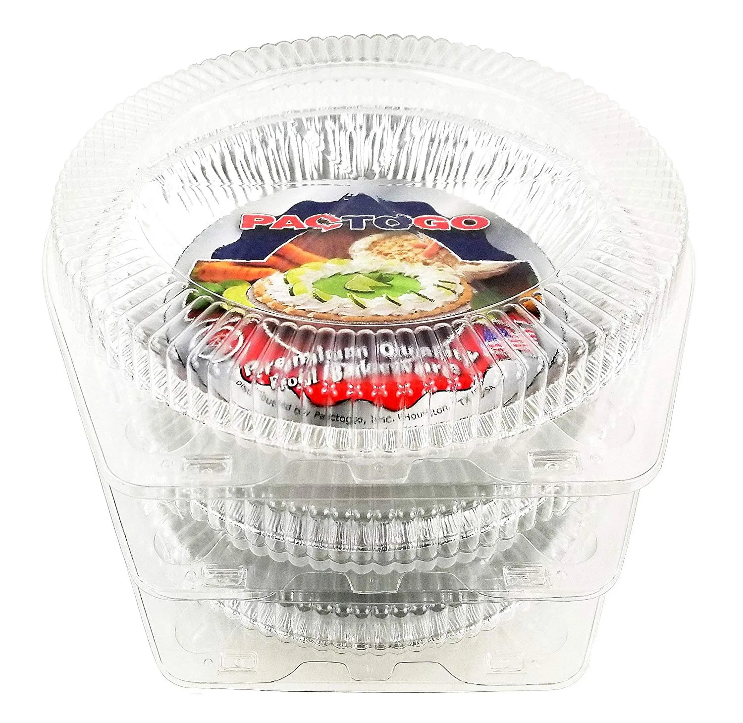 Pactogo 10" Foil Pie Pan 1-3/16" Deep w/Clear Low Dome Clamshell Container Combo 50/PK