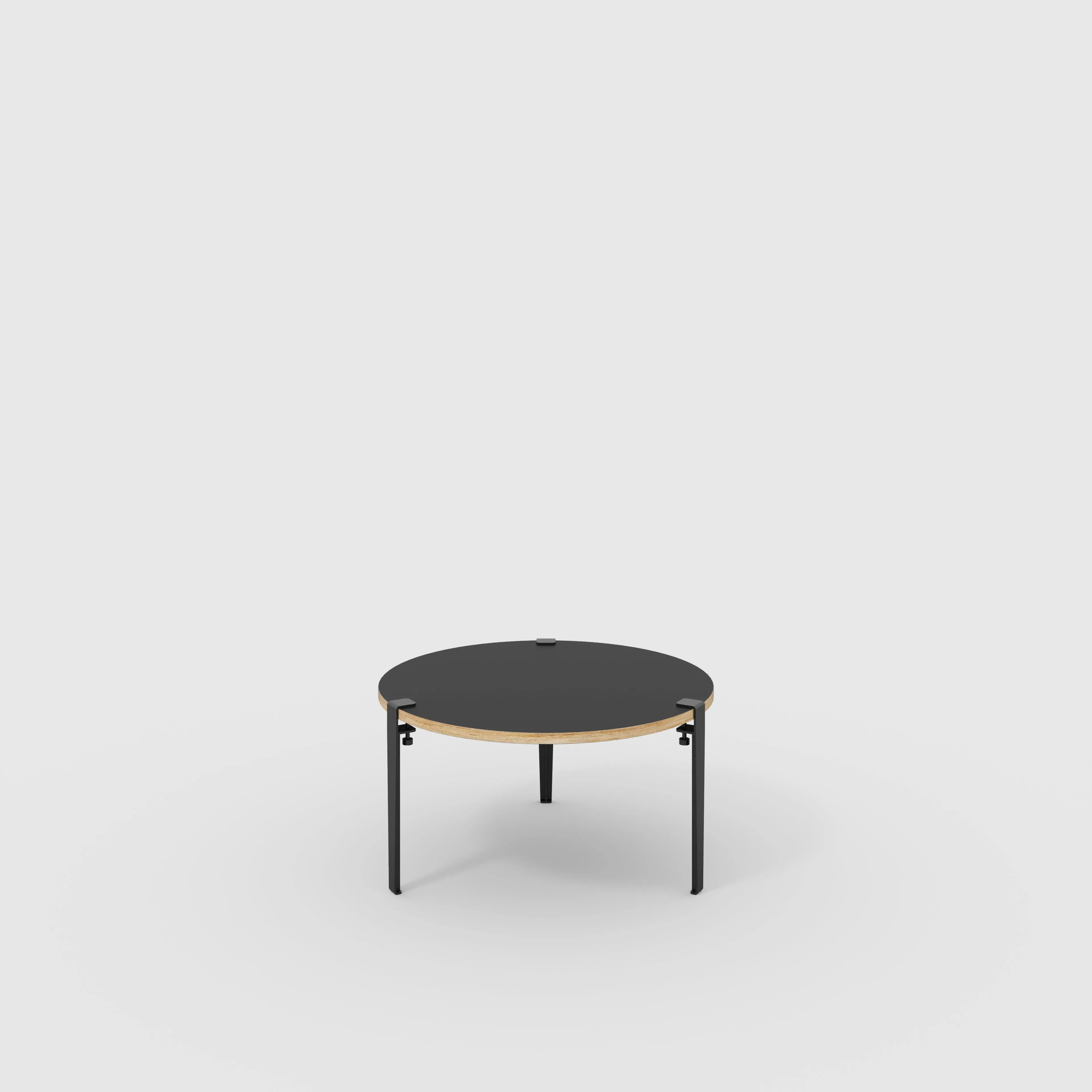 Plywood Round Coffee Table with Black Tiptoe Legs - Formica Diamond Black - 800(dia) x 430(h)