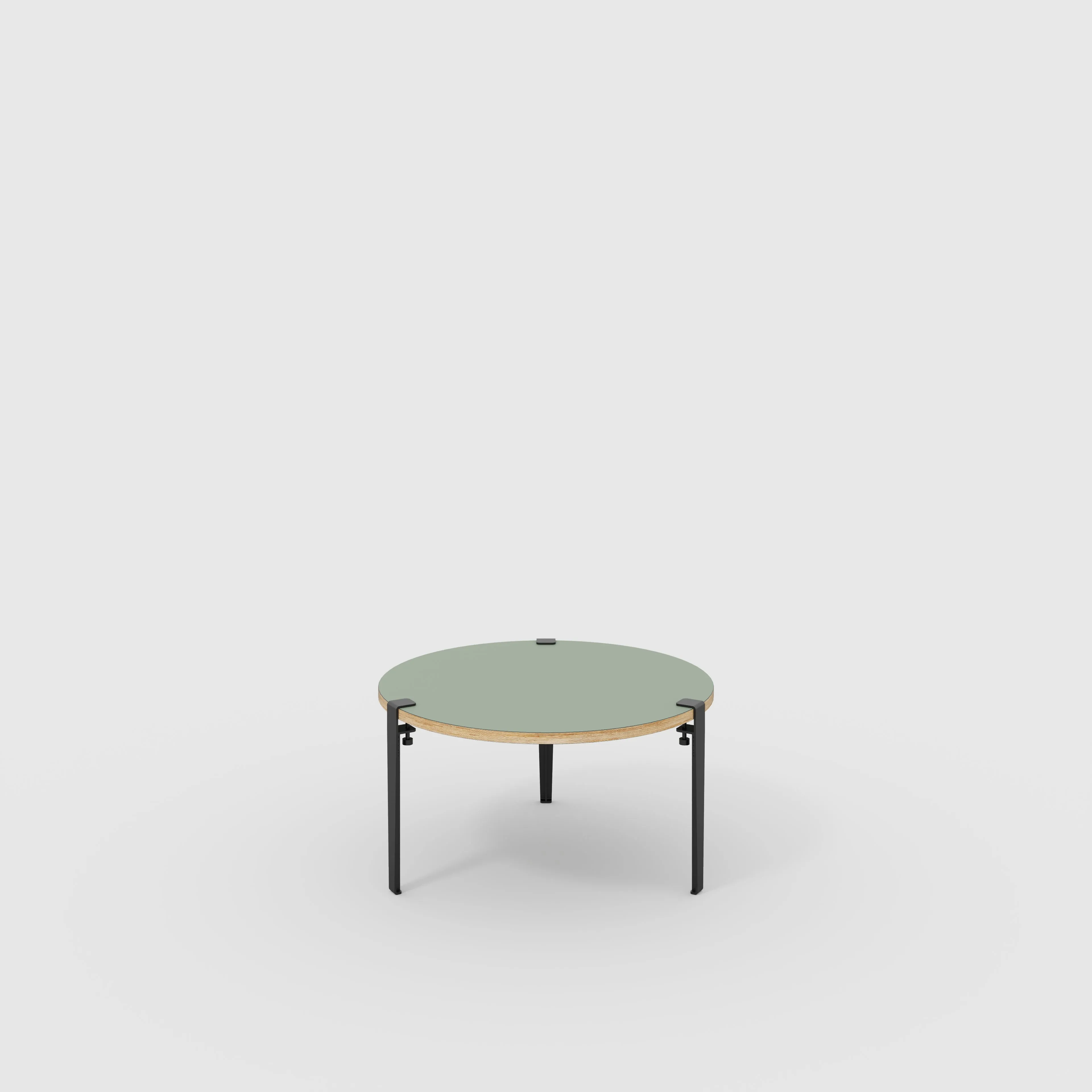 Plywood Round Coffee Table with Black Tiptoe Legs - Formica Green Slate - 800(dia) x 430(h)