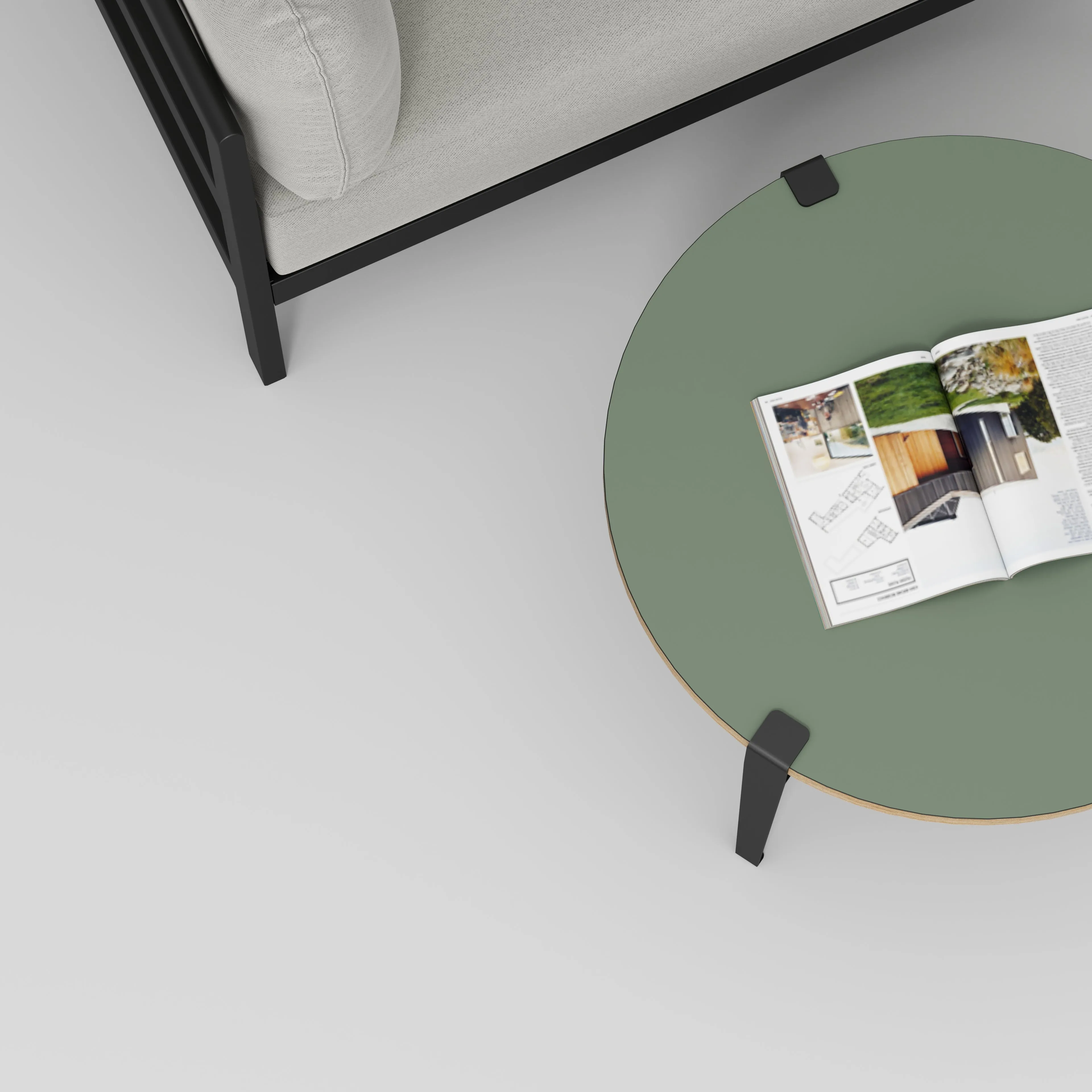 Plywood Round Coffee Table with Black Tiptoe Legs - Formica Green Slate - 800(dia) x 430(h)