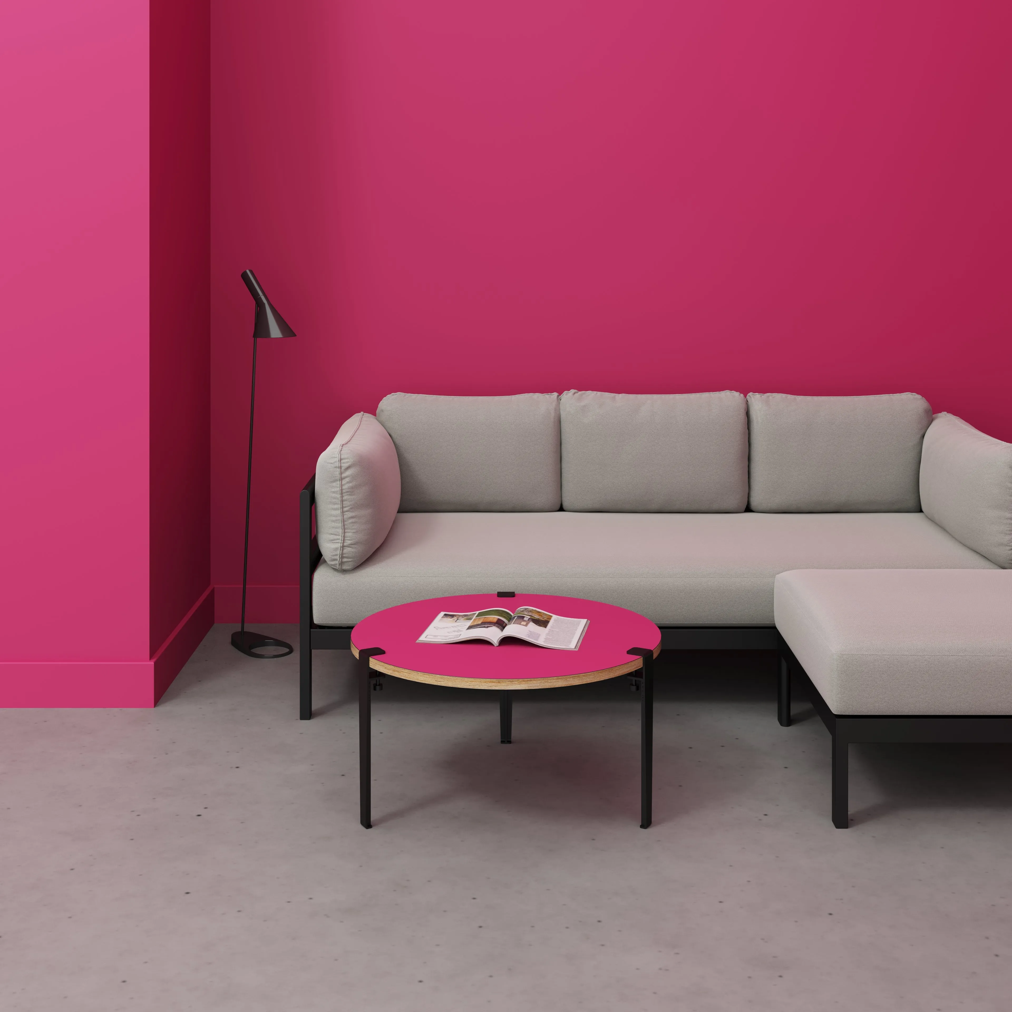 Plywood Round Coffee Table with Black Tiptoe Legs - Formica Juicy Pink - 800(dia) x 430(h)