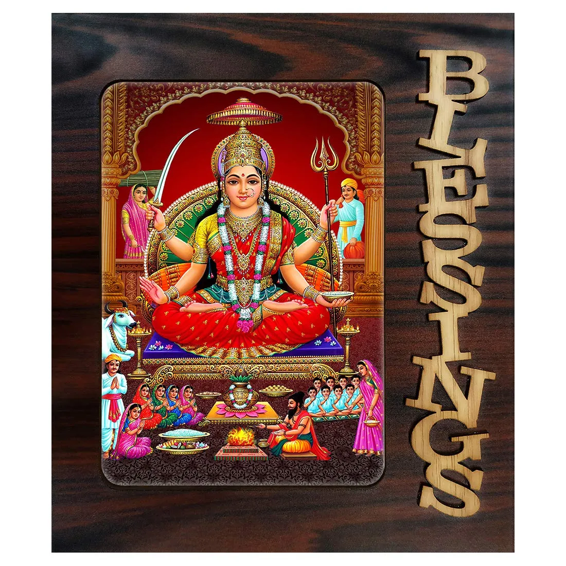 PnF Blessings Hand Crafted Wooden Table with Photo of Maa Santoshi 22507,Multicolour, Medium