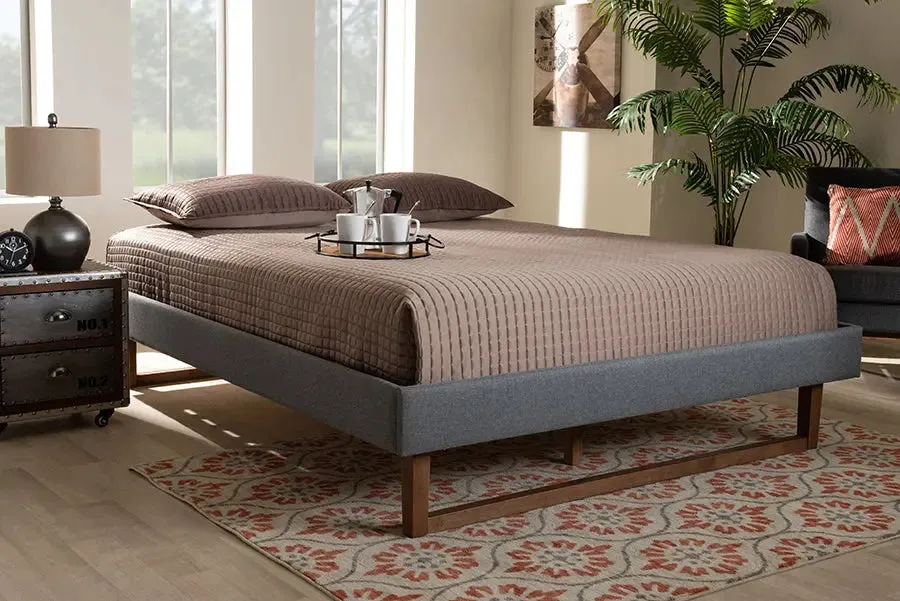 Quinn Dark Gray Fabric Walnut Brown Wood Platform Bed (Queen)