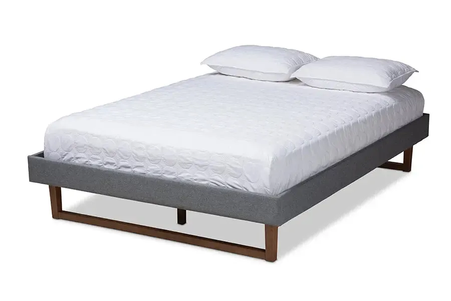 Quinn Dark Gray Fabric Walnut Brown Wood Platform Bed (Queen)