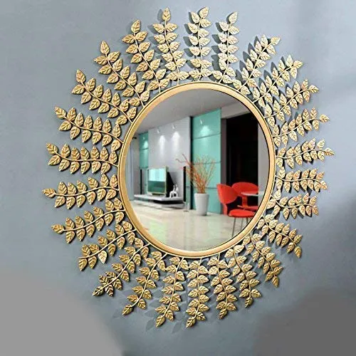 RJKART Iron Handcrafted Leaf Design Round Decorative Wall Mount Mirror for Living Room (24 x 24 in, Golden)