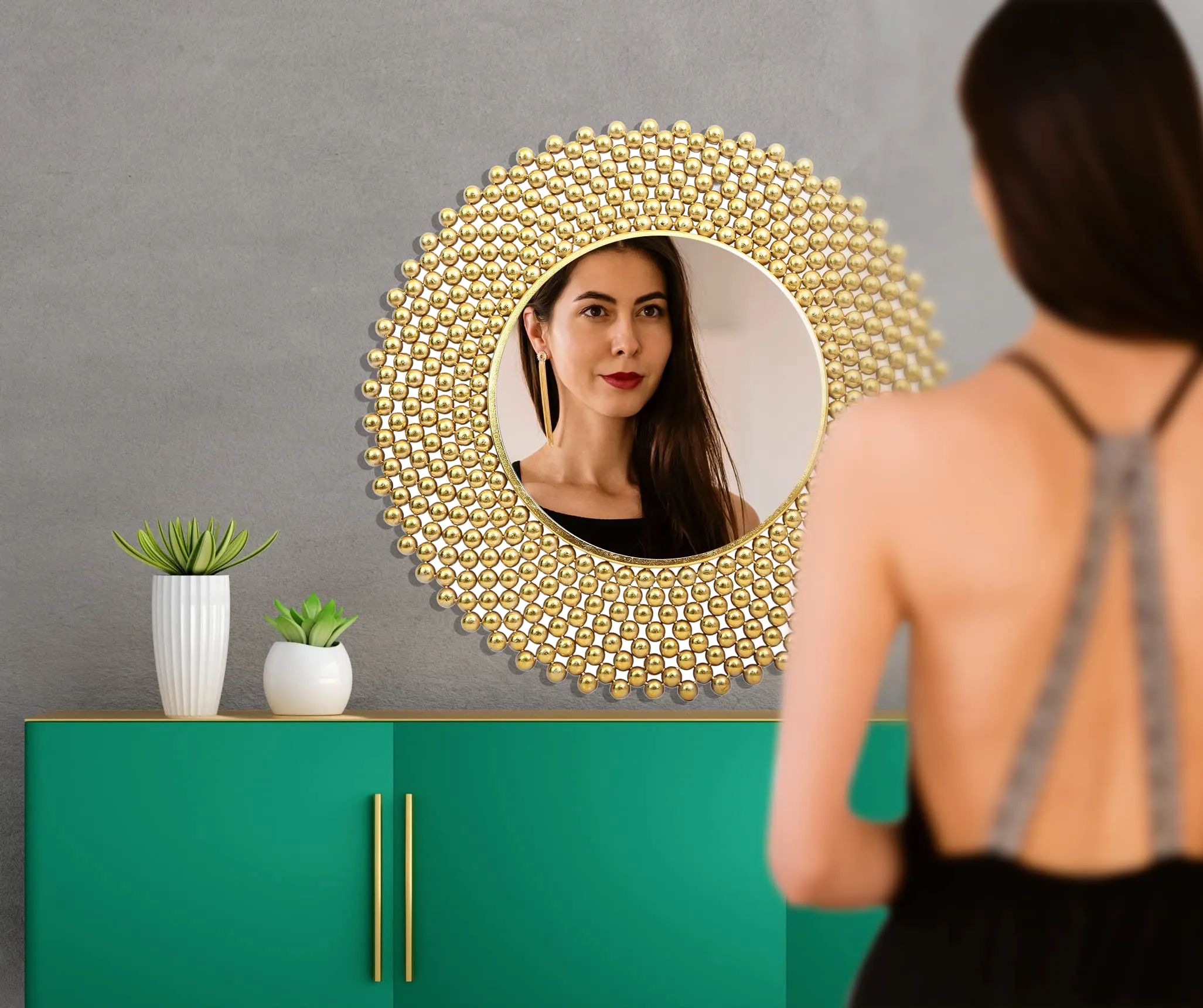 sairow Luxury Wonderful Metal Round Wall Mirror in Colour for Home Decoration- (Gold)