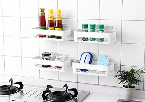 Satpurush Multipurpose Plastic Kitchen Office Organizer Rack Bathroom Kitchen Spice Rack Caddy Soap Holder & Wall Shelf Self-Adhesive Sticker (4 Nos White)