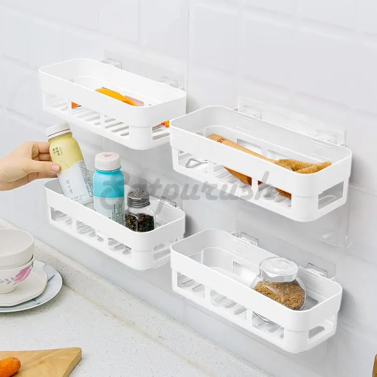 Satpurush Multipurpose Plastic Kitchen Office Organizer Rack Bathroom Kitchen Spice Rack Caddy Soap Holder & Wall Shelf Self-Adhesive Sticker (4 Nos White)