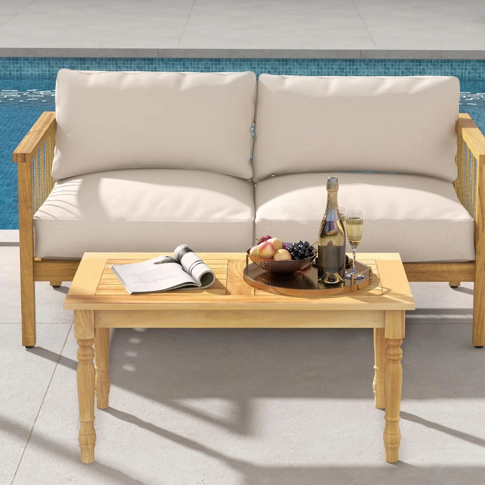 Tangkula Patio Coffee Table, Side Table with Solid Teak Wood Structure, Slatted Tabletop