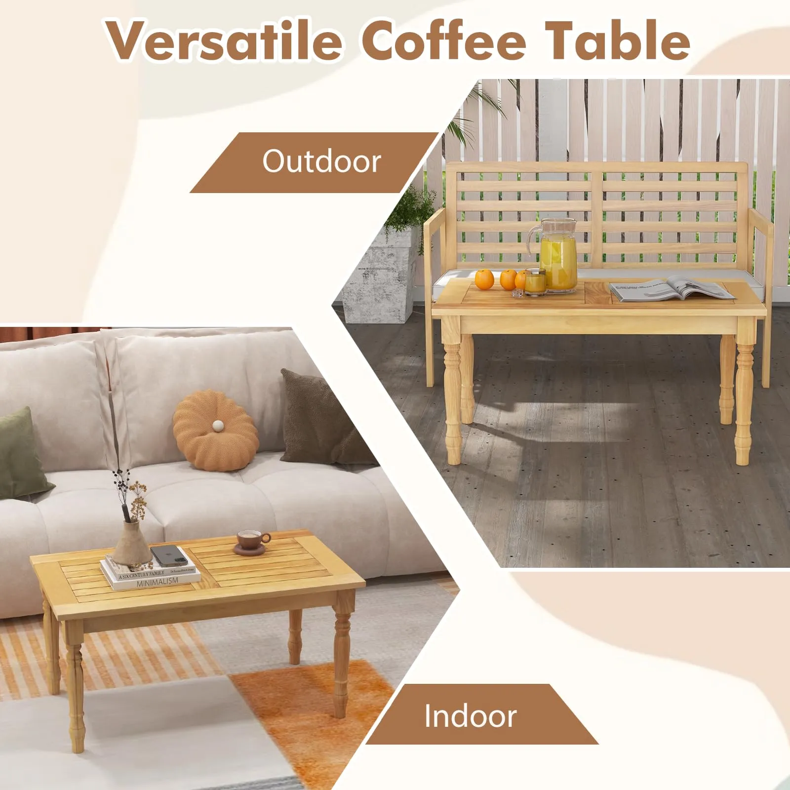 Tangkula Patio Coffee Table, Side Table with Solid Teak Wood Structure, Slatted Tabletop