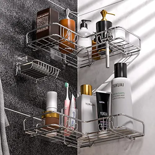 Vdomus Corner Shower Caddy Shelf Traceless Steel Shampoo Holder 3 Pack