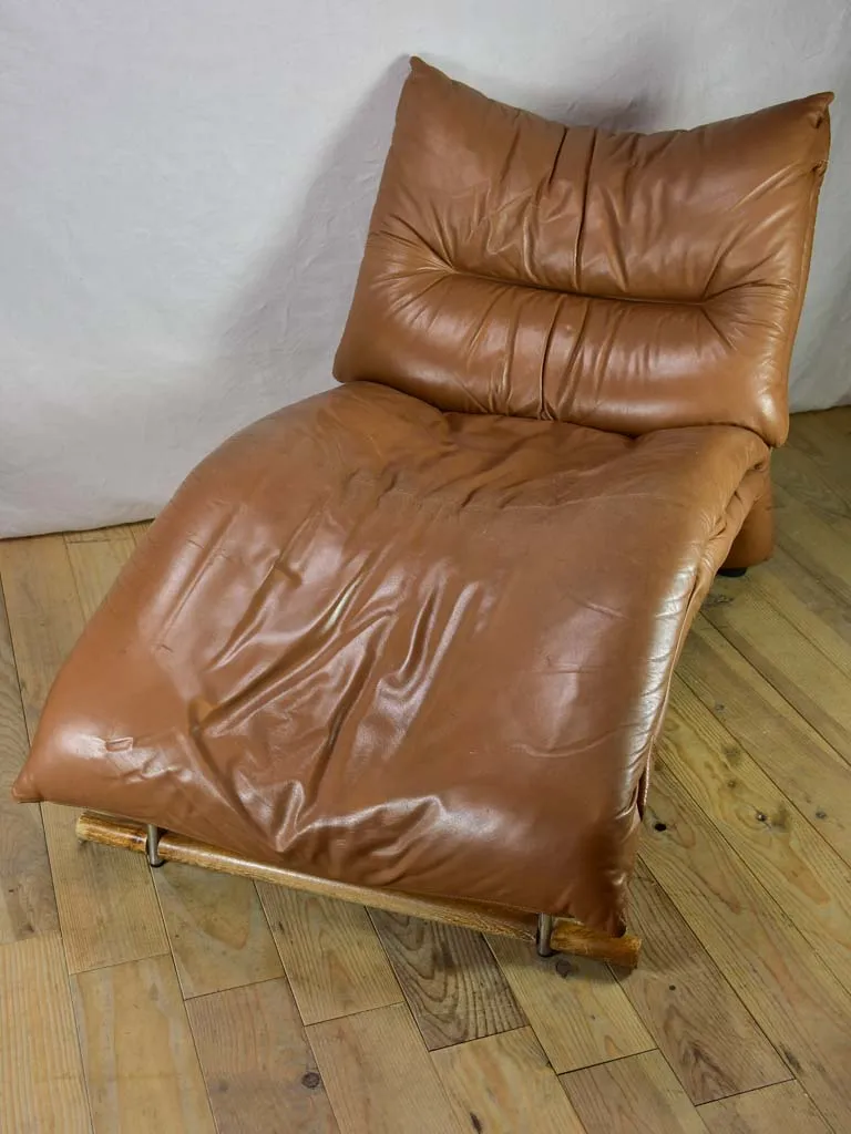 Very large brown leather chaise longue - 1960's lounge chair 61"