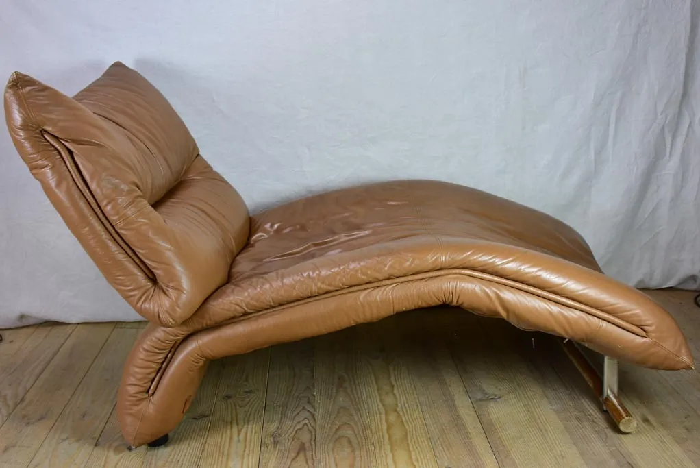 Very large brown leather chaise longue - 1960's lounge chair 61"